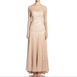 Sue Wong Vintage Champagne Lace Ribbon Embellished Elegant Formal Mermaid Gown